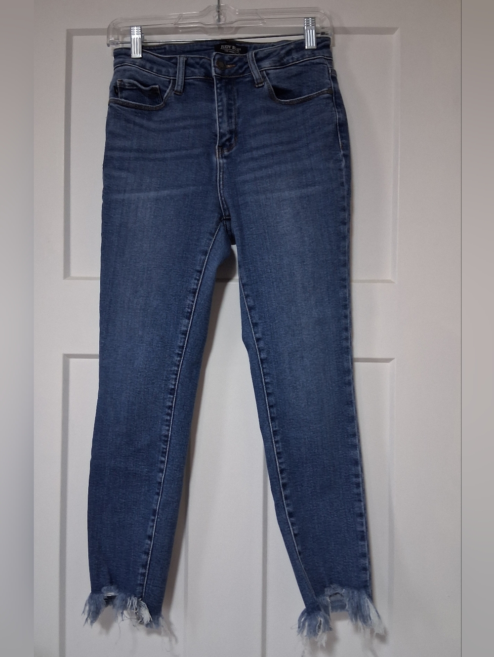 Judy Blue Dark Blue High-Rise Skinny Jeans with Frayed Ankles
